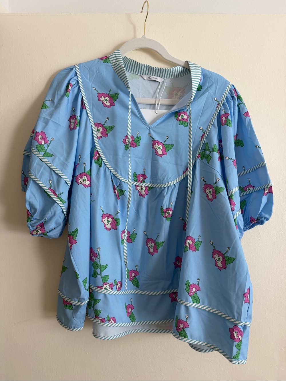 Light Blue Floral Puff Sleeve Sailor Top